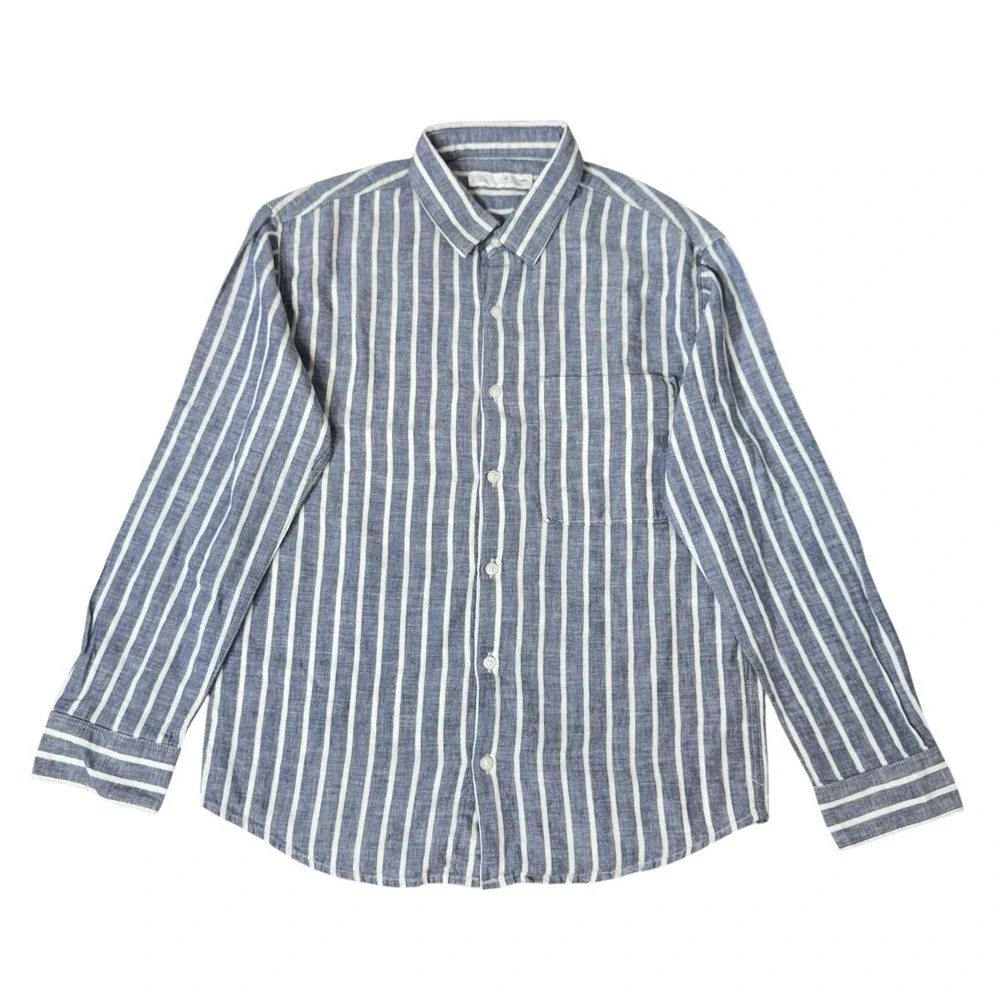Zara Boys Cotton Linen Long Sleeve Button Down Shirt Size 10 Blue White Striped